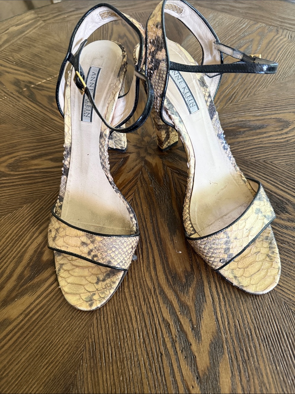 Anne Klein Yellow Snakeskin Ankle Strap Block Heel Sandals